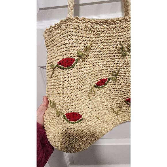 Cappelli Straworld Watermelon Embroidered Straw Tote Bag Summer Purse - Picture 3 of 11